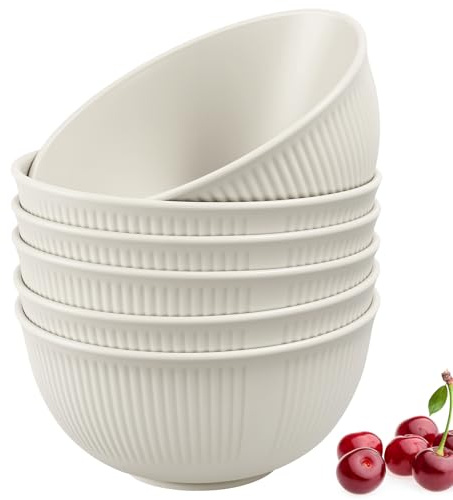 Chuboir Plastic Cereal Bowls Set of 6 Unbreakable Breakfast Mixing Serving Bowls, 24 oz Lightweight Fruit Salad Snack Soup Pasta Bowls for Kitchen Picnic Camping, Microwave & Dishwasher Safe -Cream