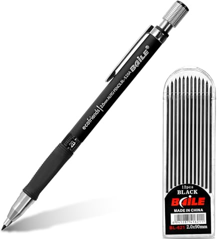 APXEL 2mm Mechanical Pencils Set, 1PC Propelling Drafting Pencil With 1PC 2mm HB Lead Refills for School, Engineer Writing, Drawing, Sketching (Black)
