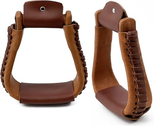 Jeereal Western Horse - Sillín de aluminio cubierto de cuero, estribos de 5 pulgadas