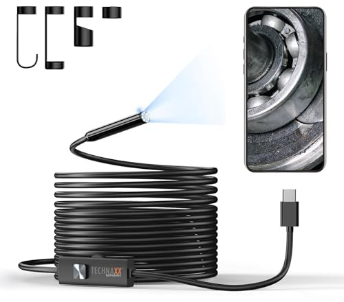 Technaxx USB-C Endoskopkamera TX-386 – Inspektionskamera mit Licht, 5 m halbstarres Kabel, 8 dimmbare LEDs, IP67, HD Kamera für Smartphone Android & iOS