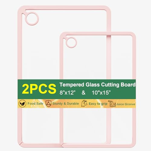GlassCuisine Toughened Glass Chopping Boards Set of 2 (Pink), Heat Resistant Worktop Savers, Non-Slip Silicone Edges, Juice Groove, Hanging Hole, Durable Scratch Resistant, Food-Safe, Dishwasher Safe