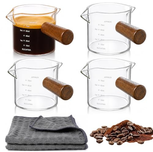 Akamino 6 Pack Espresso Cups with Wood Handle, 75ml/2.5oz Espresso Glasses with Dual Scale, Coffee Shot Glass with V-Shaped Mouth, Clear Glass Milk Frothing Pitcher for Home Barista Beverage