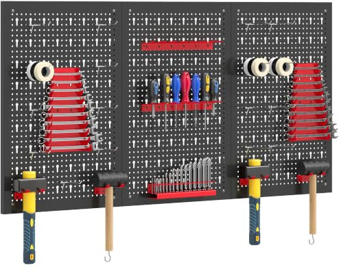 HOMCOM 38 Pcs Wall-Mounted Pegboard with Hooks, 4 Panels, Black and Red | Storage Shelves, Garage DIY Storage Unit