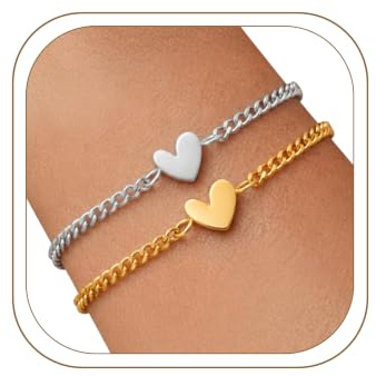 Ahokei 2 Stücke Armband Silber 925 Damen, Wasserfest Freundschaftsarmbänder Gold 16.5+5CM, Partner Armbänder Herz, Geschenk Beste Freundin Geburtstag Geschenke für Frauen