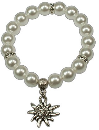Heimatflüstern Trachtenarmband Perlen & Strass-Edelweiß klein - Damen Trachten-Armkette, Perlenarmband elastisch, Armband zum Oktoberfest Dirndl-Schmuck (creme-weiß)