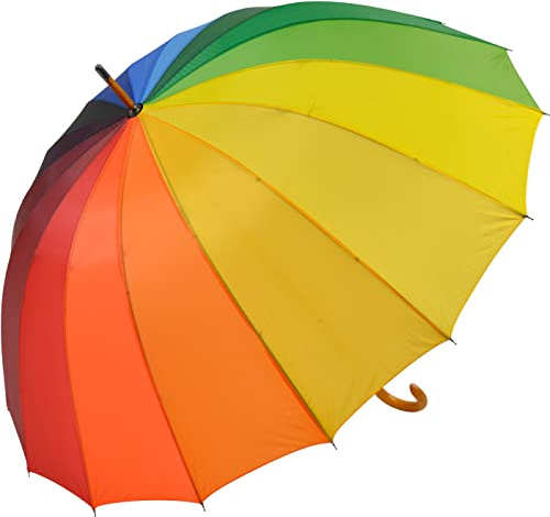 Falcone® 16-teiliger Regenschirm Holzstock sturmfest mit Holzgriff - Regenbogen