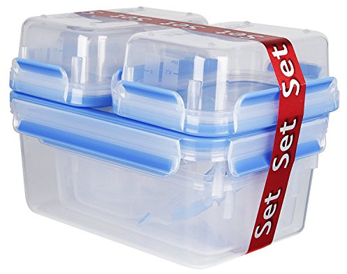 EMSA Clip & Close Frischhaltedose, rechteckig, 0,15 u. 0,2 u. 0,55 u. 0,55 u. 1,00 u. 2,20 L, Aufbewahrungsbox, 100 Prozent dicht, spülmaschinen-, gefrier-, mikrowellenfest, Transparent, Blau, 515562