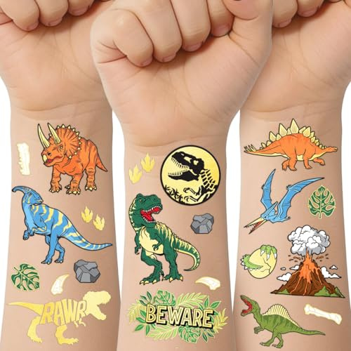 xo, Fetti Dinosaur Temporary Tattoos - Gold Foil, 44 pcs | Kids Jurassic Birthday Party Supplies, Dino Party Favor, T-Rex Fossil Decorations