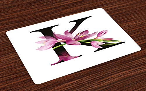 ABAKUHAUS Buchstabe K Platzmatten, Blühende Kaffir-Lilie mit lebendigen grünen Stalk K Zeichen Natur Blume Kunstdruck, Tiscjdeco aus Farbfesten Stoff für das Esszimmer und Küch, Schwarz Grün Rosa