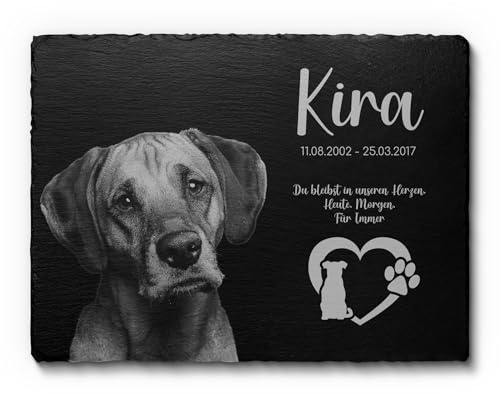 Großer Tier Grabstein Hund Katze 40x30 cm - Mit eigenem Foto & vielen Motiven - Schiefer Gedenkstein Hunde Katzen - wetterfest imprägniert als Grabschmuck für Tiergrab Hundegrab - Grabdeko Andenken