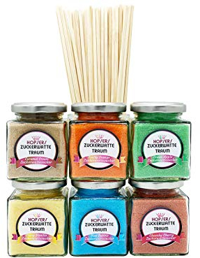 Hopser Food Fun Sucre à barbe à papa dans un bocal en verre pour machine à barbe à papa avec 50 bâtons de barbe à papa | Sucre aromatique coloré Premium | 6 x 175 grammes