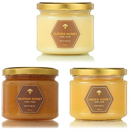 Earthbreath Pure Raw Honey - 3 Jars of Clover, Heather, Linden Honey (400g each) - Unpasteurised & Unfiltered - Natural Sweetener for Cooking, Coffee, Tea, Juice, Drinks, Food - From Single Apiary