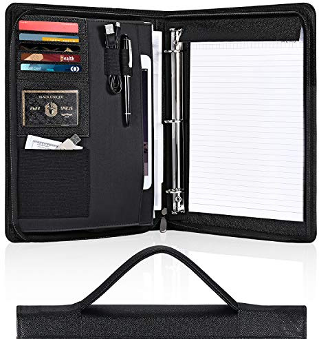 Pacific Mailer - Carpeta organizadora de 3 anillas con carpeta de cuero, bloc de escritura con cremallera, carpetas de negocios, tabletas, blocs de notas, soporte de documentos para hombres y mujeres