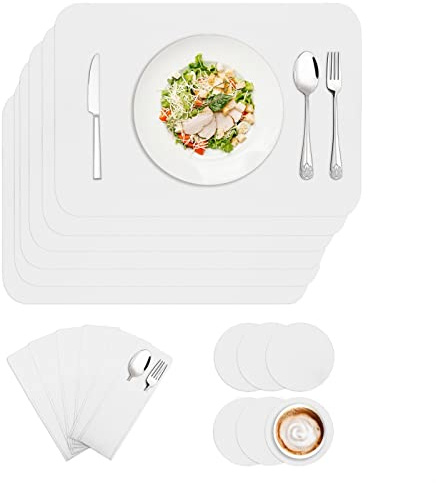 BESTORI Filz Tischset 6er Set, Waschbare Platzdeckchen Hitzebeständig Abwischbar Platzset mit Untersetzer und Bestecktaschen Weiß 30x40cm