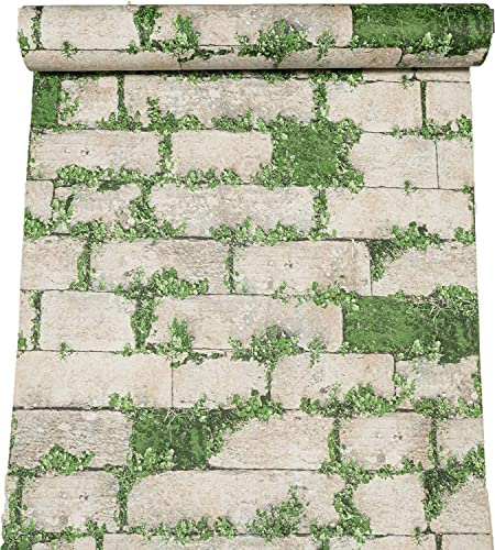 SOPHIE LAURENCE Rustic Grey Stone Brick Effect Moss Foliage Textured Wallpaper Living Room Bedroom Feature Wall (Sample - Textured Brick Green Moss)