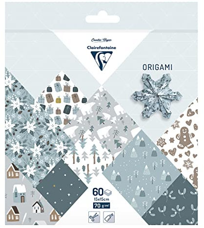 Clairefontaine 95374C - 60 fogli di carta Origami 70g/m², misura 15x15cm, 30 Motivi colori assortiti 2 fogli per motivo), hobby creativi adulti e bambini , Collezione Natale Polare