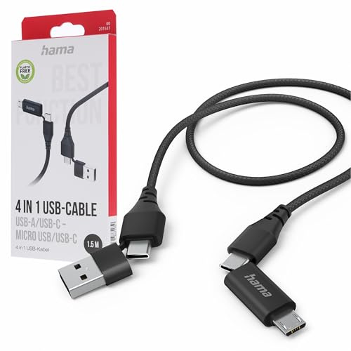 Hama Multi USB-laddningskabel, (Multi USB-laddare, 4-i-1 multiladdningskabel, 2 USB-C/micro-USB/USB-A, 480 Mbit/s, 1,5 m, universell USB C-kabel för bärbar dator, surfplatta, telefon) svart