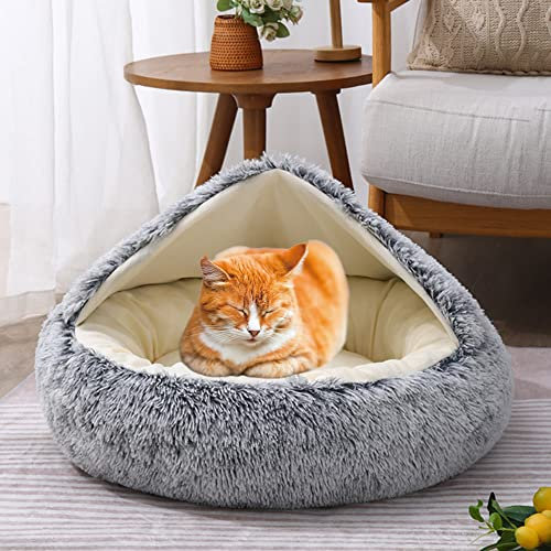 SEDOXX Haustierhöhle Bett Katzensofa Halbgeschlossen Katzenhaus Haustiernest für Kätzchen Welpen 2-in-1 Bett Katzenkissen Bett Indoor Katze Schlafbett Plüschzelt gemütlich, Samt, 60 cm, Grau