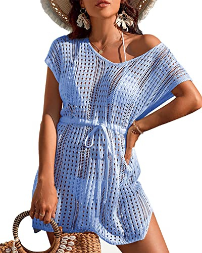 Rayson Copricostume Mare Donna Bikini Coprire a V Tunica Abito da Spiaggia Crochet Allentato Costumi da Bagno Cover Up Vestito(Azzurro)