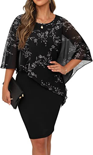 QIXING Damen Chiffon Cape Cocktialkleid Rundhals Ausschnitt Bleistiftkleid Sommerkleid Damen Knielang Elegant Abendkleid Mit Overlay Casual Bodycon Kleider (Blumen Schwarz-Weiß, L)
