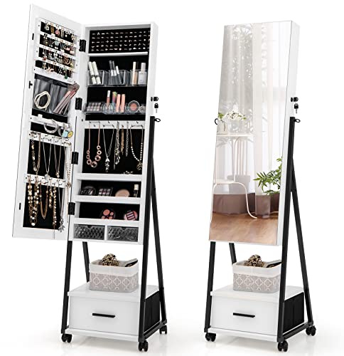 RELAX4LIFE Schmuckschrank mit Spiegel & Rollen, Spiegelschrank 360° Drehbar & Freistehend, Abschließbarer Schmuckorganizer mit Schubladen, Schmuckregal für Ohrringe Kette Ringe Kosmetik (Weiß)