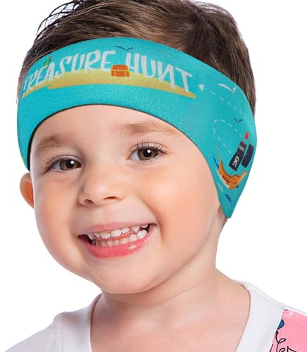 MoKo Schwimmen Stirnband, Neopren Schwimmband Ohrenband Wasserdichtes Kopfband Haarband mit Hohe Elastizität und Klettverschluss Ohrenschutz Band für Kinder Alter 3-9, M Größe - Pirat & Boot
