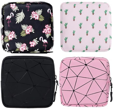 DALAETUS 4 Pcs Cotton Sanitary Napkin Storage Bag Set, Oxford Fabric Period Pouch in Different Patterns, Portable Period Bag, Sanitary Pad Storage Bag with Zipper for Teen Girls Women Ladies