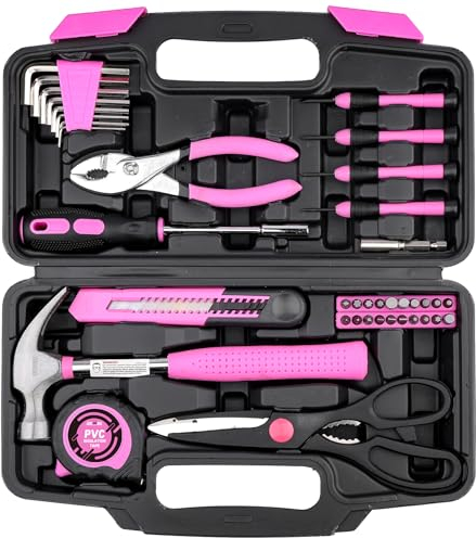 DOWELL 40 Piezas Kit de Herramientas para el Hogar Rosa, Juego de Herramientas de Mano para el Hogar General con Caja de Herramientas de Plástico Estuche de Almacenamiento para el Hogar