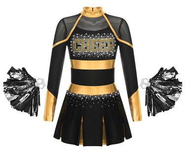 MSemis Mädchen Cheer Leader Cheerleading Kostüm Langarm Schulmädchen Uniform mit Pom Pom Karneval Fasching Party Halloween Kostüm Schwarzes Gold 158-164