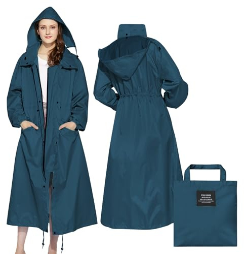 LAMA Womens Long Raincoats with Hood, Waterproof Reusable Packable Rain Coat with Long Sleeves for Adults Womens Ladies, Rain Coat for Bike Moto Riding Hiking Trekking, SeaBlue