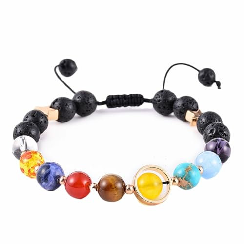 Wycian Armband Edelstahl Leder Männer, Armband Herren Verstellbar Perlen Bernstein Bunt Acht Planeten Verstellbar 19cmx8mm 1er Naturstein für Geburtstag