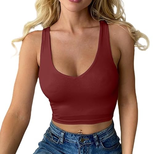 Haibang Camiseta sin Mangas Mujer Verano Sexy Ajustado Crop Top Cuello V Camisetas Tirantes Deportivas Tank Tops Básica Chaleco Color Sólido Top Corto Lencero Doble Forro Moda Casual Streetwear