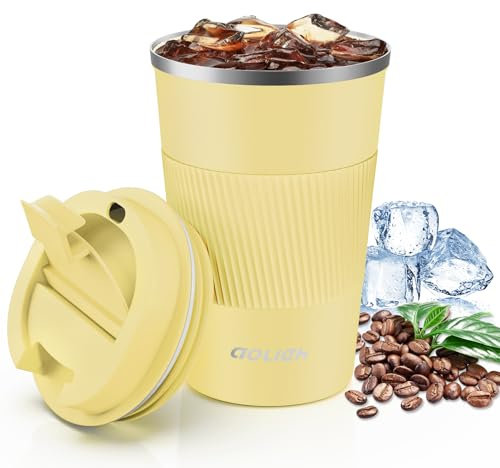 Aolieh Thermobecher, Kaffeebecher mit Auslaufsicherem Deckel, Thermobecher- Isolierbecher, Edelstahl Travel Mug, Kaffeebecher to go für heißes und kaltes Wasser Kaffee Tee (380ML, Gelb)