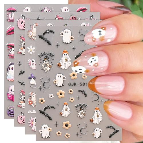 JMEOWIO 3D Nagelsticker HalloweenNail Art Sticker Selbstklebend Nagelaufkleber 5D Stereoskopisch Süßer Geisterkürbis Dekoration Nageldesign Zubehör 4 Blatt