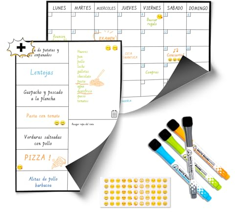 SB PACK Calendrier Magnétique Mensuel Pour Frigo A4 + Tableau Magnetique Hebdomadaire A4 + 4 Marqueurs Premium + 55 Stikers Aléatoires | Planning Frigo Magnetique pour Les Repas Familiaux