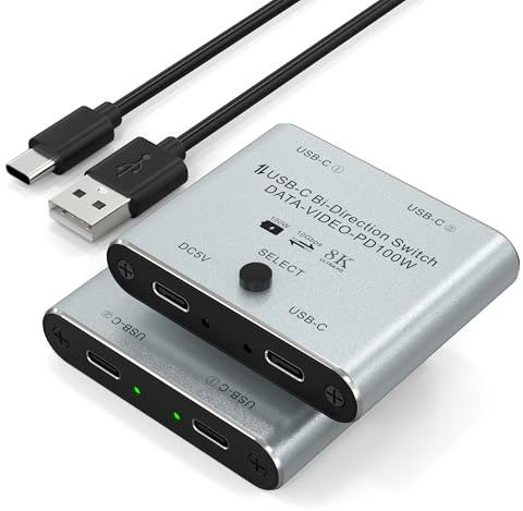 Switch USB-C 8K per 2 computer – Splitter bidirezionale USB-C KVM per trasmissione video 8K@60Hz/4K@144Hz + ricarica 100W + dati 10Gbps, con cavo di alimentazione