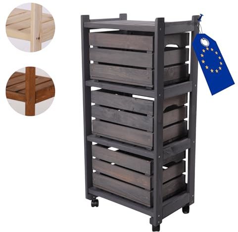 MODO24 Gemüseregal mit 4 Ebenen und 3 Kisten SD3 40x30 cm, Holz-Rollenregal für Küche, Obst und Kisten, Abmessungen 102x48x34cm, Grau