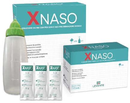 XNASO Lavaggio Nasale Adulti e Bambini 240ml+30 Bustine Soluzione Salina con PEG 3350 e Sali Minerali Irrigatore Nasale con Flacone Riutilizzabile Pulizia Naso Adulti e Lavaggi Nasali Bambini