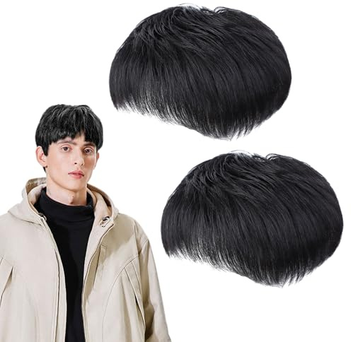 UILYNIU 2 Pieces Mens Hair Piece Black Wig Hair System Mens Hair Piece Wigs for Daily Use Costume Wigs Straight Wig Handsome Men's Daily Costume Fancy Dress Cosplay Halloween (Black)