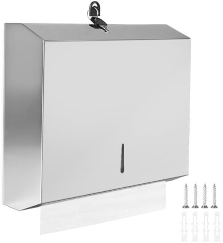 DBREAKS Edelstahl Papierhandtuchspender, 28.3 * 26.3 * 10CM Handtuchspender, Wandmontage Papierspender, Abschließbar Handtuchpapierspender, Papierhandtücher für 250 bis 400 Papierhandtücher(Chrom)