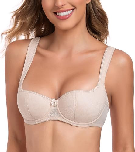 Lemorosy Women's Push Up Balconette Bra Demi Half Cup Lightly Padded Underwired Lace Bralatte(Nude,36DD)