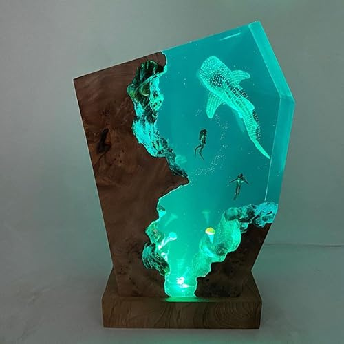 Drawelry Ocean Creative Epoxy Resin Wood Light Lamp, Handmade Multi Color Deep Sea Diver Cave Diving Enthusiasts Led Night Light, Aquatic Ocean Lamp Birthday Desktop Decor Gift (Whale Shark)