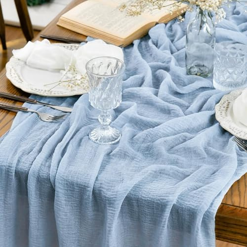 Artoid Mode Boho Käsetuch Gaze Eisblau Hochzeit Tischläufer 80x400 cm, Waschbar Tisch Dekoration Party Geburtstag Valentinstag Babyparty Dekor
