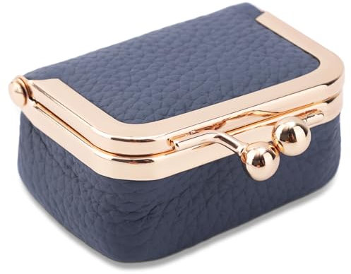 Genuine Leather Mini Jewelry Box, Mini Jewelry Travel Case, Small Portable Organizer Storage Pouch, Coin Purse with Kiss Lock for Ring Necklace Earrings Bracelet Perfect Gift for Women Girls (Blue)