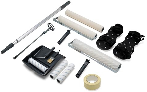 Epoxidharz Bodenbeschichtung Werkzeug Set 8tlg, Bodenfarbe Verarbeitungswerkzeug Kit | 40cm Entlüftungsroller und Bodenwalze | Rührquirl | Farbwanne | Lackierroller | Pinsel | Nagelschuhe