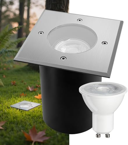 JNR Edelstahl Bodeneinbaustrahler Aussen Schwenkbar IP67 230V, Wasserdicht Bodenleuchten Außen mit LED GU10 5W 3000K Warmweiß Glühbirne, Quadratisch Bodenstrahler Befahrbar für Garten,Wegen,Silber