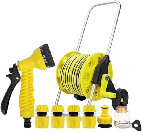 VUIKLCty Portable Hose Reel Cart Garden Hose Reel Cart with Wheels and Hose, Garden Hose Cart witn Quick Connectors and Adjustable Nozzle Hose reel cart with wheels(With 50m Hose)