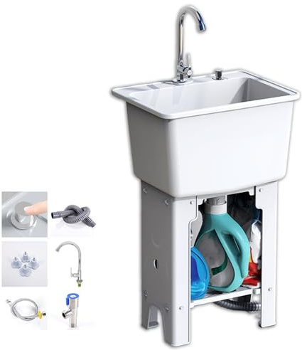 JINGSHIQIAOPL Lavandino da Esterno Indipendente in Plastica, Lavandino Profondo 25 cm con Rubinetto Girevole a 360°, Lavandino Esterno Giardino per Lavanderia, Cantina, Garage(White,40cm/16in)