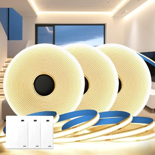 KSIBNW 1M Tira LED Pilas 3Piezas, Batería de Tiras COB Blanco Natural 4000K Luces LED Habitacion Autoadhesivas Luz de Cuerda para Cocina, Estantes, Gabinete, Armario, Escaleras, Decoración