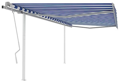 QJBSAVVA Markise 4x3,5 m Blau Weiß Freistehende Standmarkise mit Kurbel UV Schutz und Wasserdicht für Terrasse Balkon Garten